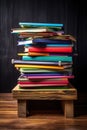 stack of colorful textbooks on a wooden desk