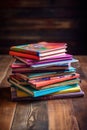 stack of colorful textbooks on a wooden desk