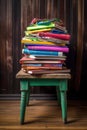 stack of colorful textbooks on a wooden desk