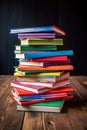 stack of colorful textbooks on a wooden desk