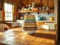 A Stack of Colorful Vintage Dishes on a Rustic Wooden Table A Vibrant AIGenerated Kitchen Scene Royalty Free Stock Photo