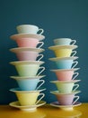 Stack of colorful vintage tea and coffee cups on yellow table against petrol background. Royalty Free Stock Photo