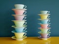 Stack of colorful vintage tea and coffee cups on yellow table against petrol background. Royalty Free Stock Photo