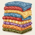 A stack of colorful woven blankets is neatly arranged. Each blanket features a Royalty Free Stock Photo