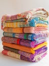 A stack of colorful woven blankets with various patterns. Royalty Free Stock Photo