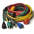 A stack of colourful electricity cables - black, yellow, red, green for EU US socket Royalty Free Stock Photo