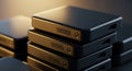 Stack of compact black external solid state drives with USB ports and gold accents Royalty Free Stock Photo