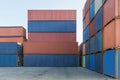 Stack of containers in a harbor. Shipping containers stacked on cargo ship. Background of Stack of Containers at a Port. Royalty Free Stock Photo