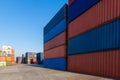 Stack of containers in a harbor. Shipping containers stacked on cargo ship. Background of Stack of Containers at a Port. Royalty Free Stock Photo