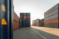 Stack of containers in a harbor. Shipping containers stacked on cargo ship. Background of Stack of Containers at a Port. Royalty Free Stock Photo
