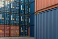 Stack of containers in a harbor. Shipping containers stacked on cargo ship. Background of Stack of Containers at a Port. Royalty Free Stock Photo