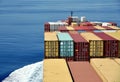 Stack of the containers loaded on deck of the cargo ship.