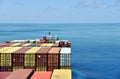 Stack of the containers loaded on deck of the cargo ship.