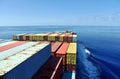 Stack of the containers loaded on deck of the cargo ship.