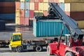 Stack of containers with truck and forklift Royalty Free Stock Photo