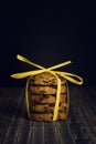 Stack cookies with a chocolate crumb with yellow bow