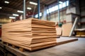 a stack of cork panels in a factory