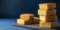 A stack of cornbread squares on a dark wooden board against a blue background Royalty Free Stock Photo