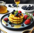 Stack of cottage cheese pancakes with blueberries, strawberries, honey and othe berries on a light background in low key.