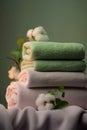 A stack of cotton clean, soft and fluffy towels on a dark green background decorated with cotton flowers. Natural fabrics.