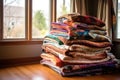 stack of cozy handmade quilts in soft natural light Royalty Free Stock Photo