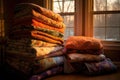 stack of cozy quilts in soft, warm lighting Royalty Free Stock Photo