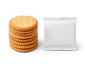 Stack of crackers beside blank packaging isolated on white background Royalty Free Stock Photo