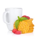 Stack of crackers with mint, berries and cup of drink Royalty Free Stock Photo