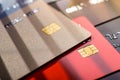 Stack credit cards, close up view with selective focus Royalty Free Stock Photo