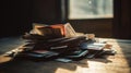 A stack of credit cards on a table created with Generative AI