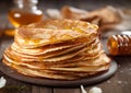 Stack of crepe pancakes with honey and maple syrup.Macro.AI Generative Royalty Free Stock Photo