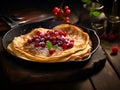 stack of crepe with raspberry in a frying pan