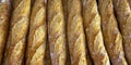 Stack of crispy baguettes at the bakery Royalty Free Stock Photo