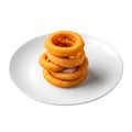A stack of crispy onion rings on a white plate on transparent background Royalty Free Stock Photo