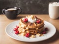 A stack of a crispy waffles with syrup and and raspberries on top.