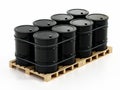 Stack of crude oil barrels on wooden pallet isolated on white background. 3D illustration Royalty Free Stock Photo