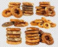 Stack of crunchy pretzels and bread rings isolated on white background salty snack close-up Royalty Free Stock Photo