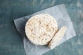 Stack of crunchy rice cakes on blue wooden table, top view Royalty Free Stock Photo