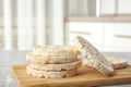 Stack of crunchy rice cakes on grey marble table