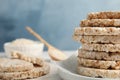 Stack of crunchy rice cakes on table, closeup. Royalty Free Stock Photo