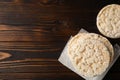 Stack of crunchy rice cakes on wooden table, flat lay. Space for text Royalty Free Stock Photo