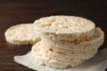 Stack of crunchy rice cakes on wooden table Royalty Free Stock Photo