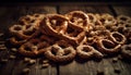 Stack of crunchy, salted pretzels on rustic table generated by AI