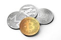 Stack of cryptocurrencies: bitcoin, ethereum, litecoin, monero, dash, and ripple coin together, isolated on white. Royalty Free Stock Photo