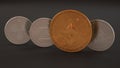 Stack of cryptocurrencies on dark background, Platinum physical coins, Ripple, Zcoin, Bitcoin and golden Etherium. Mining cryptocu