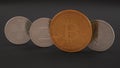 Stack of cryptocurrencies on dark background, Platinum physical coins, Ripple, Zcoin, Etherium and golden Bitcoin. Mining cryptocu