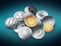 Stack of cryptocurrencies with a golden bitcoin on the front and blockchain nodes around Royalty Free Stock Photo