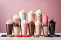 stack of cups, each holding different milkshake flavor