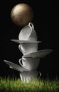 A stack of cups, saucers and a globe. Conceptual image shot Royalty Free Stock Photo