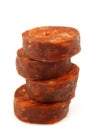 Stack of cut chorizo sausage pieces Royalty Free Stock Photo